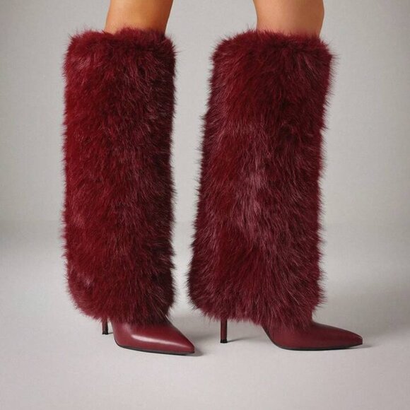 Fur Knee High Heels Boots - Picture 1 of 4